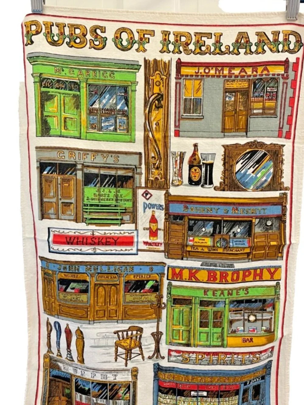 Vintage 100% Irish Linen Pubs Of Ireland Tea Towel Wall Hanging Made in Ireland
